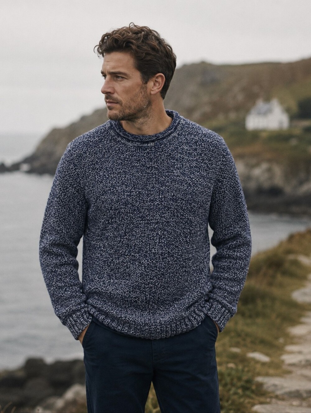 Men's Navy Marled Rollneck Sweater Size M Fisherman Chunky Coastal Preppy Blue
